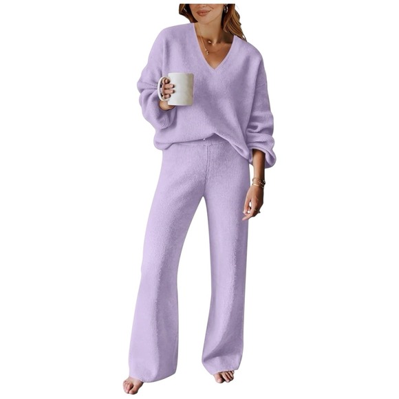 Women 2pc Sweater Lounge Set Sz Large Purple Cable Knit Pants V-Neck Pullover - Picture 1 of 14